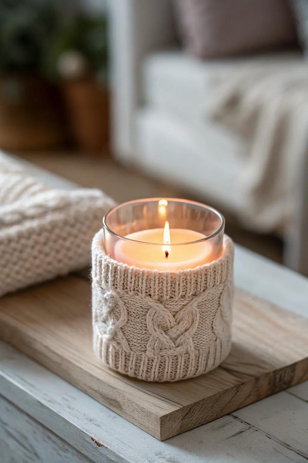 Transform your space into a cozy haven with a DIY sweater sleeve candle holder. #CraftedComfort
