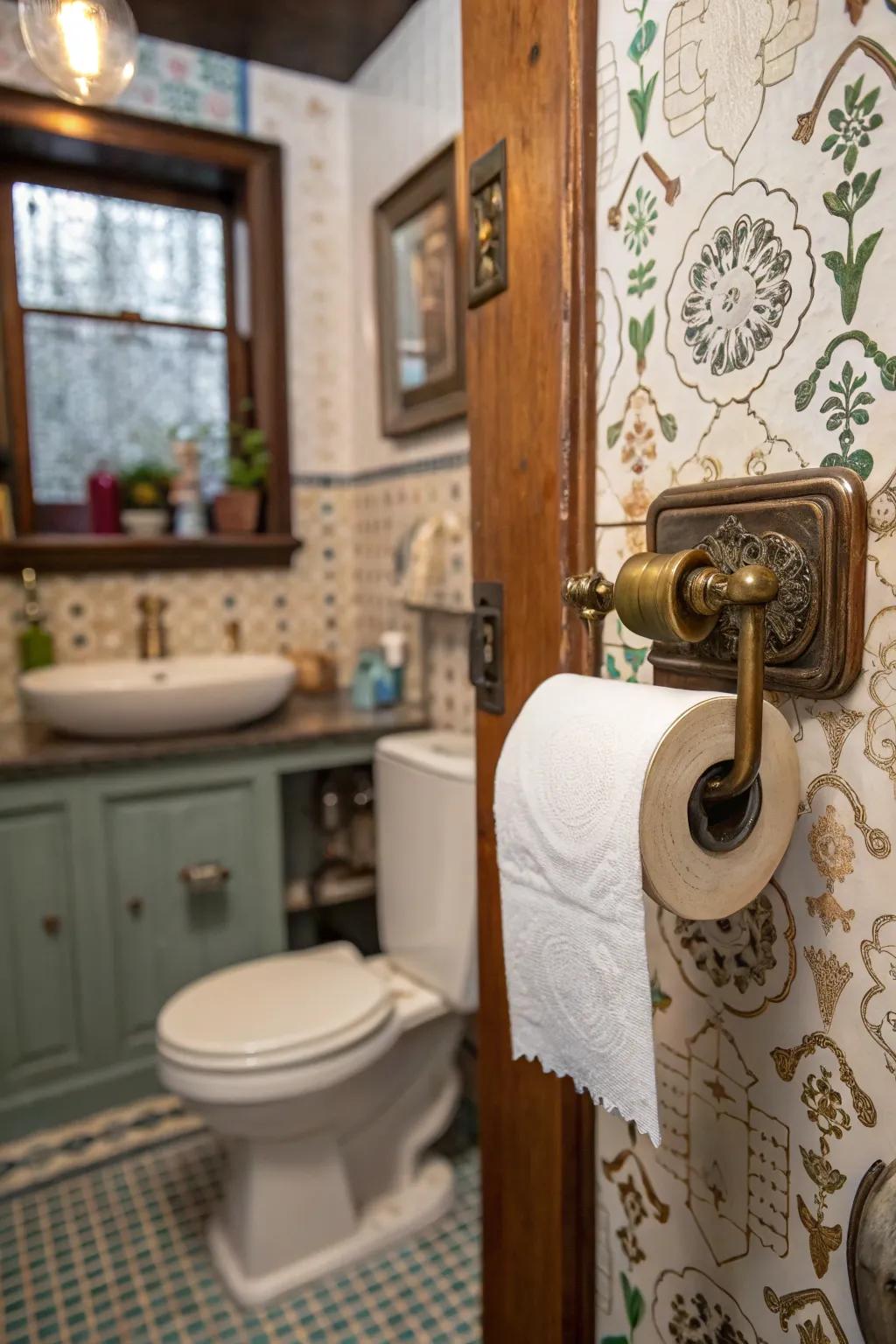 Vintage doorknobs bring a whimsical touch to bathroom decor.
