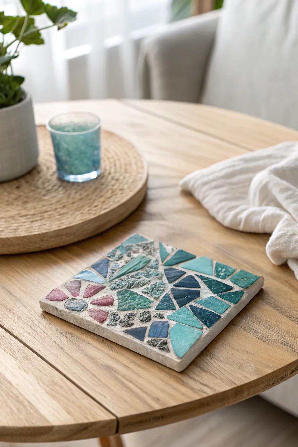 Transform leftover tiles into a stunning mosaic coaster that adds a pop of color and artistry to your space.