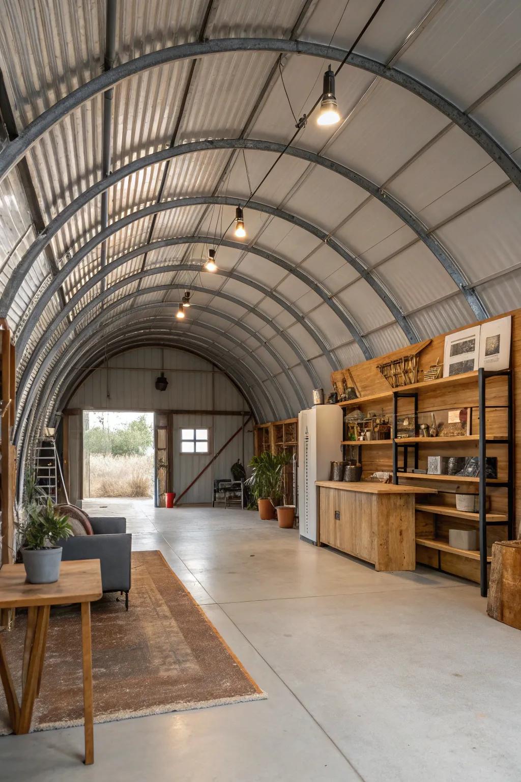 An industrial chic studio space within a Quonset hut.