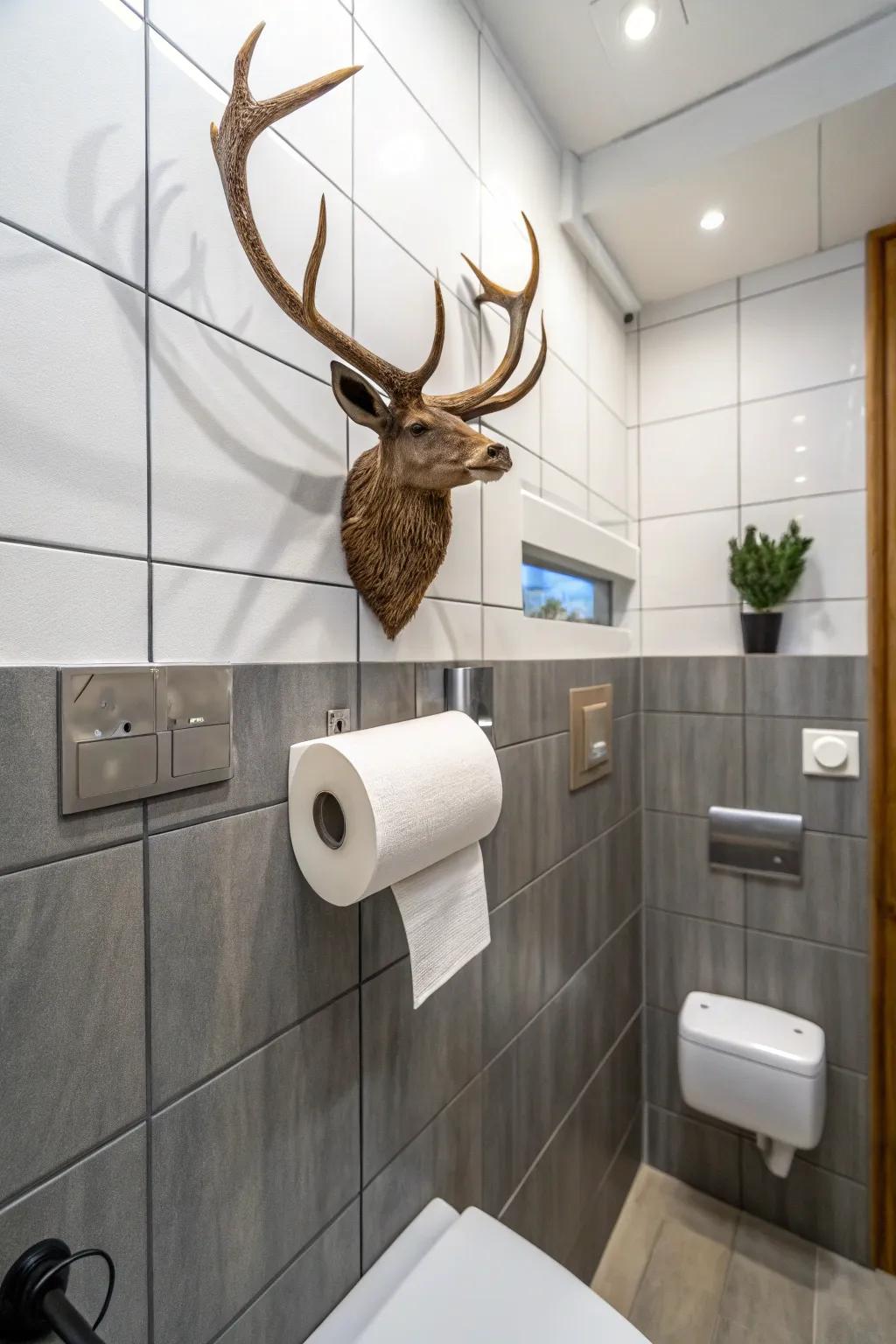 Add a quirky touch to your bathroom with a deer antler holder.
