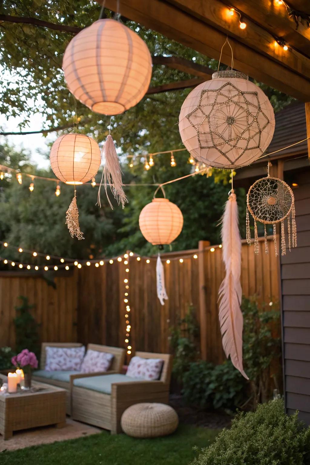 Whimsical decorations hanging in a backyard, adding charm to a proposal setting.