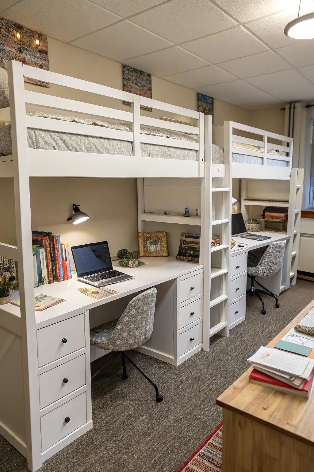 Quad bunk beds with integrated study desks, perfect for creating a multifunctional living space.