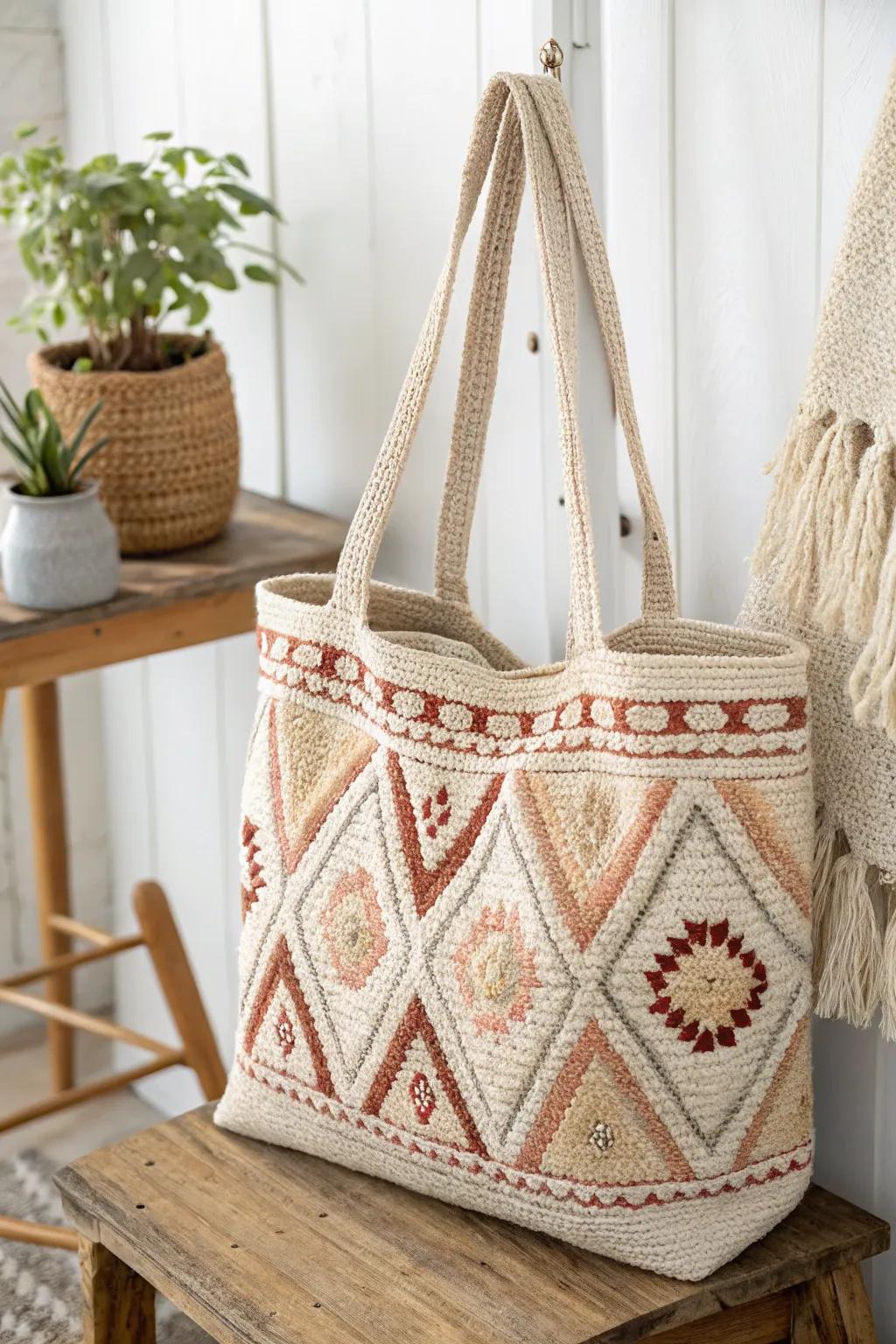 Carry your creativity with styleâexplore the art of tapestry crochet with this elegant tote bag.