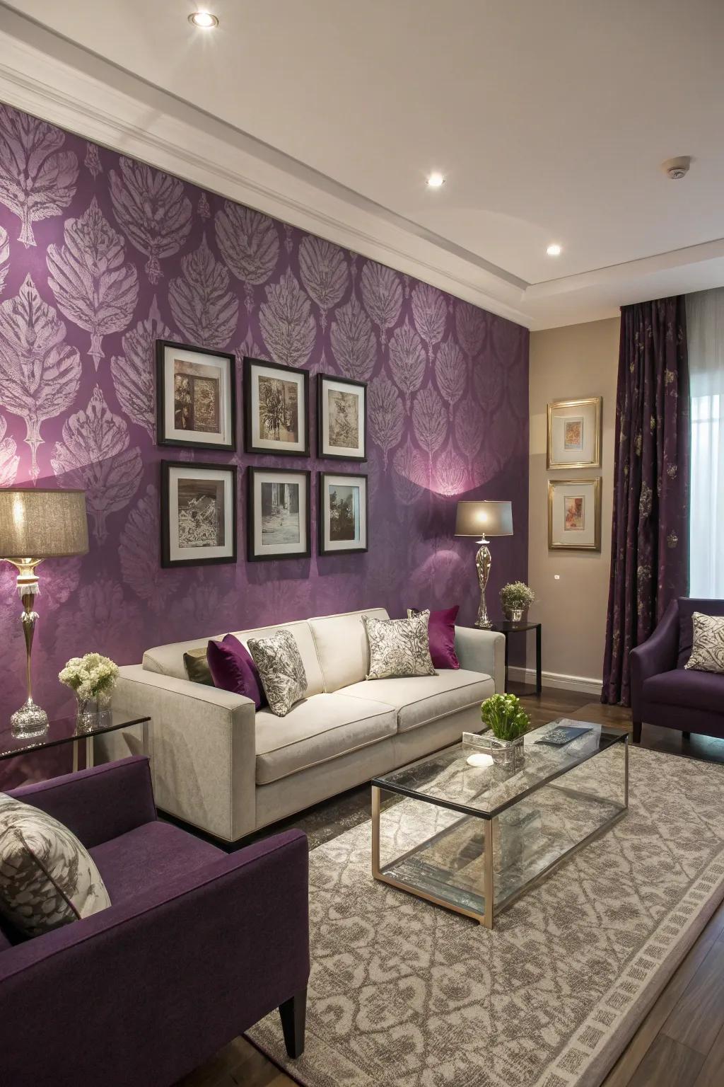 Purple wallpaper providing a dynamic backdrop in the living room.
