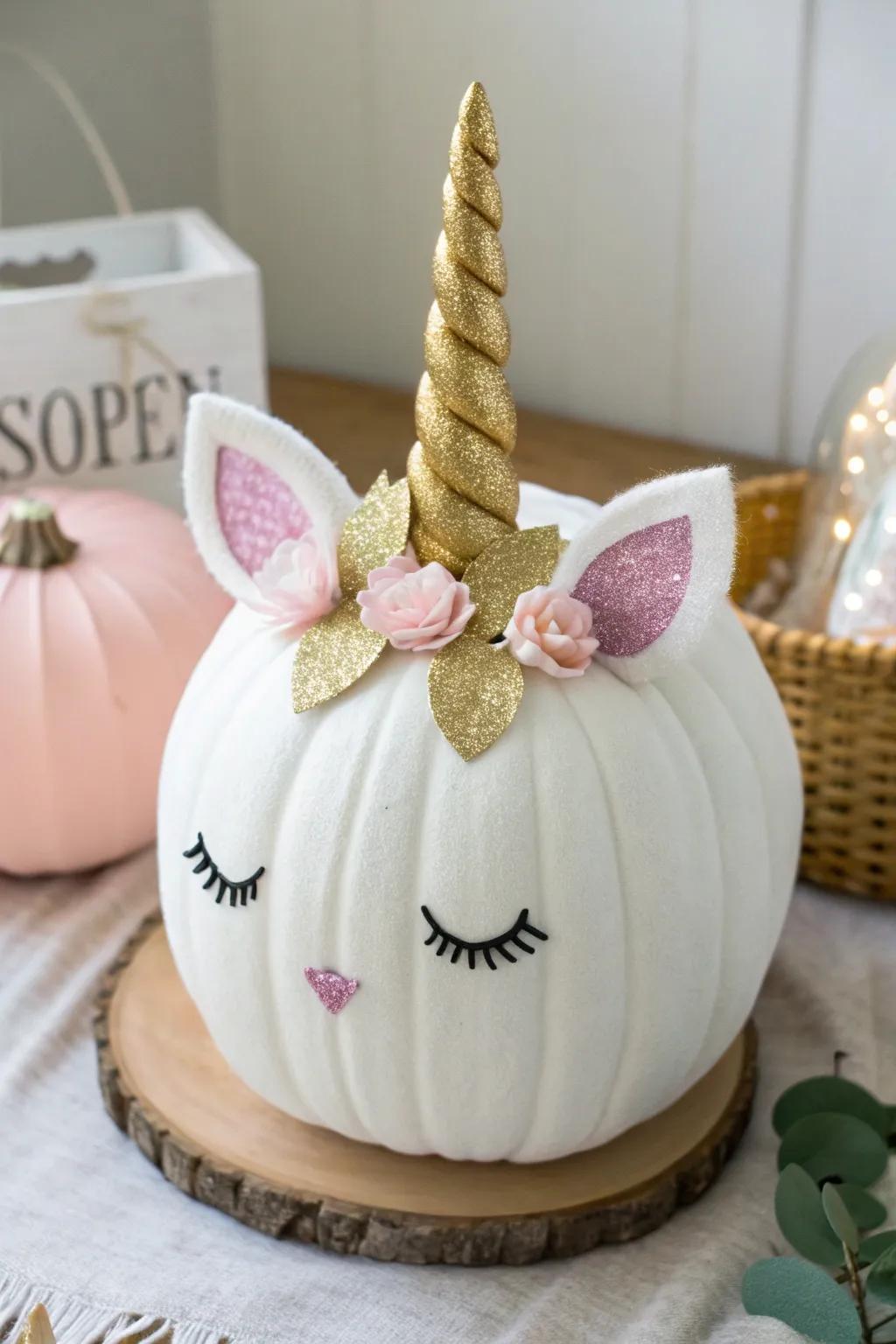 Embrace the magic of autumn with this enchanting unicorn pumpkin, where minimalism meets a touch of whimsy!