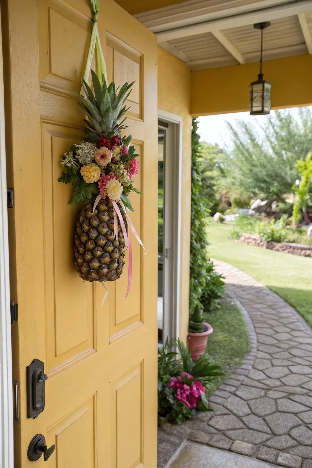 A unique pineapple welcome decoration on a front door