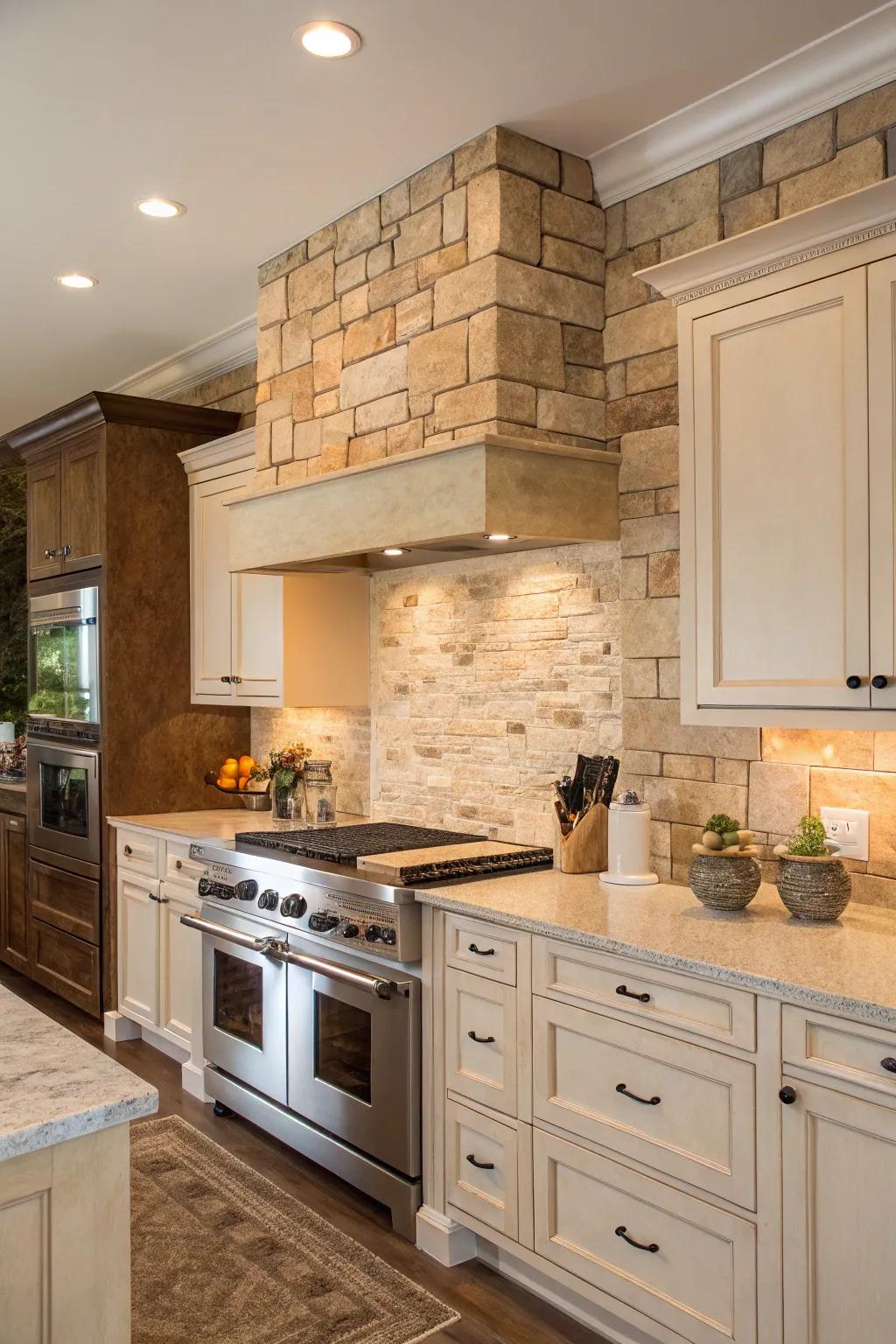 Warm and neutral stone tones create a cozy kitchen atmosphere.