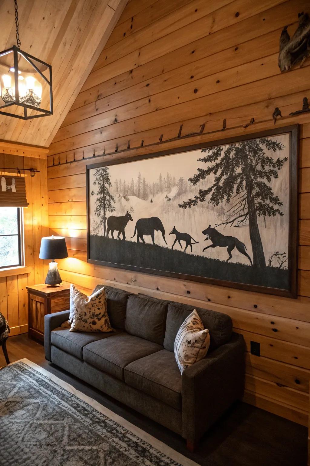 Graceful animal silhouettes in a black and white painting.