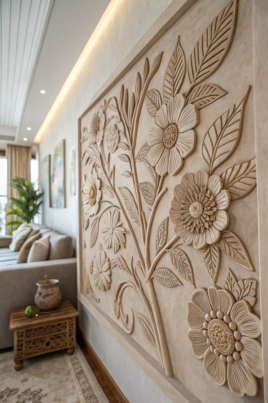 Bring the outdoors in with a delicate floral clay mural that transforms your living room into a serene escape.