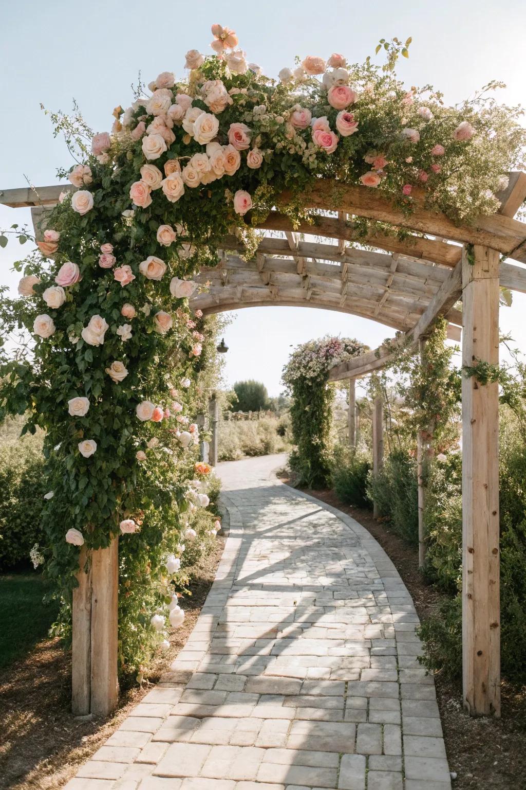 Walk through a dreamy rose archway, where elegance meets nature's beauty.