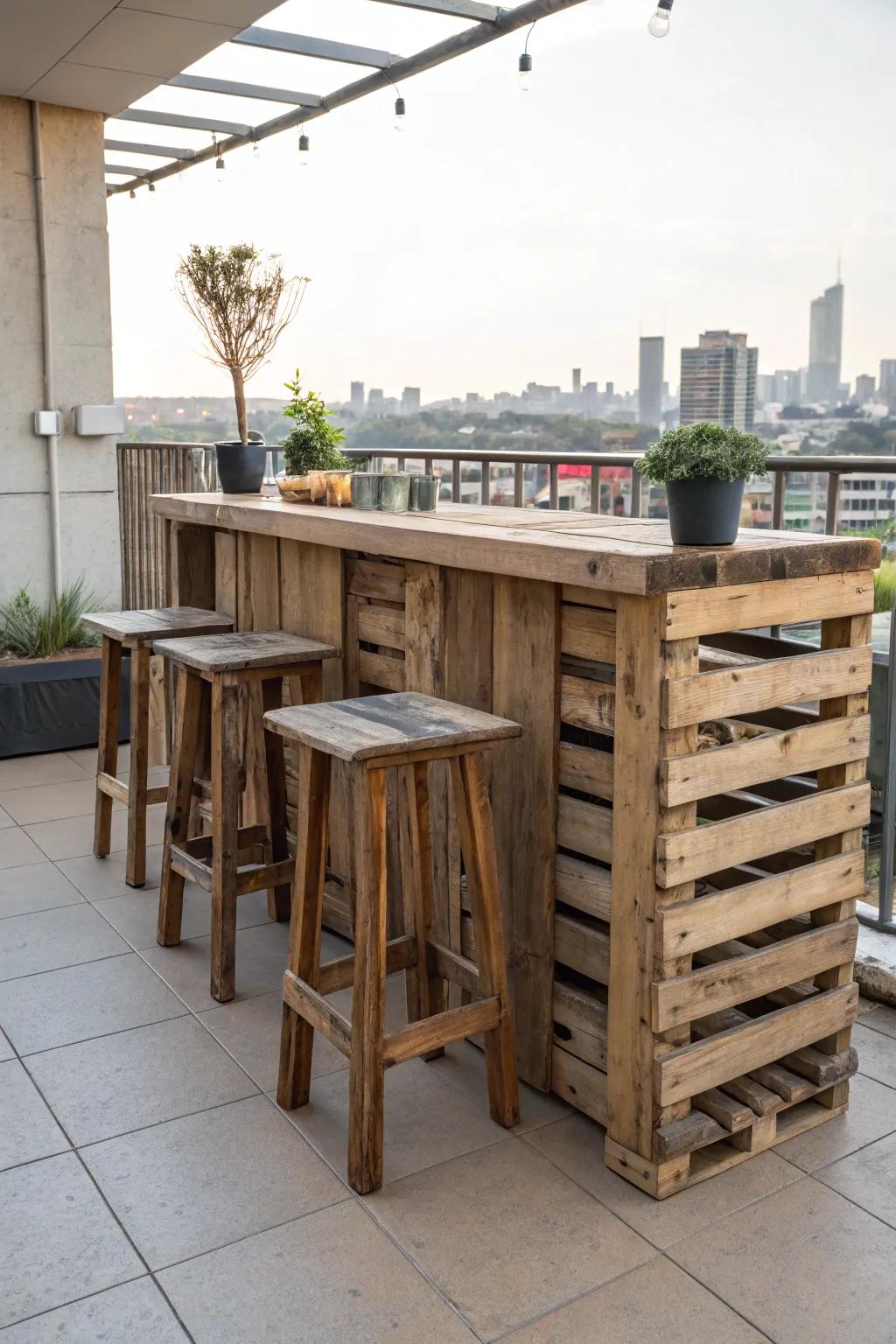 A DIY pallet bar adds rustic charm to your balcony.