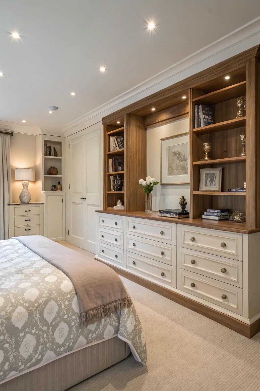 Built-ins keep your romantic space organized and serene.