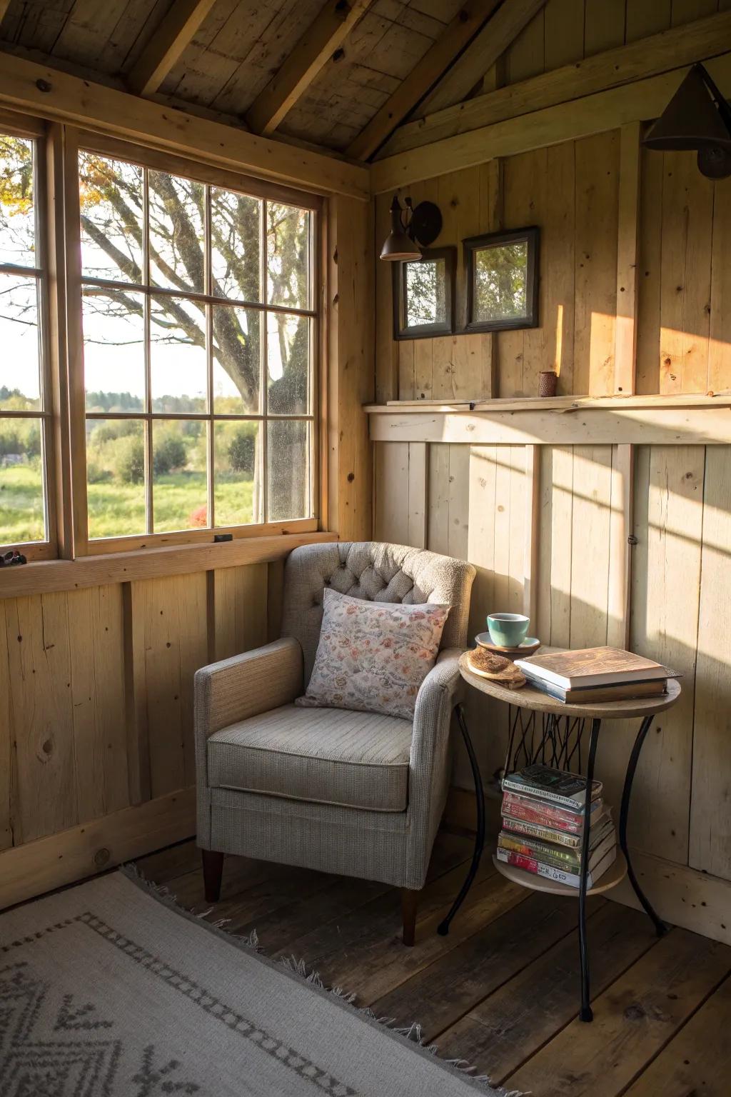 A relaxation corner in your shed office offers a peaceful retreat.