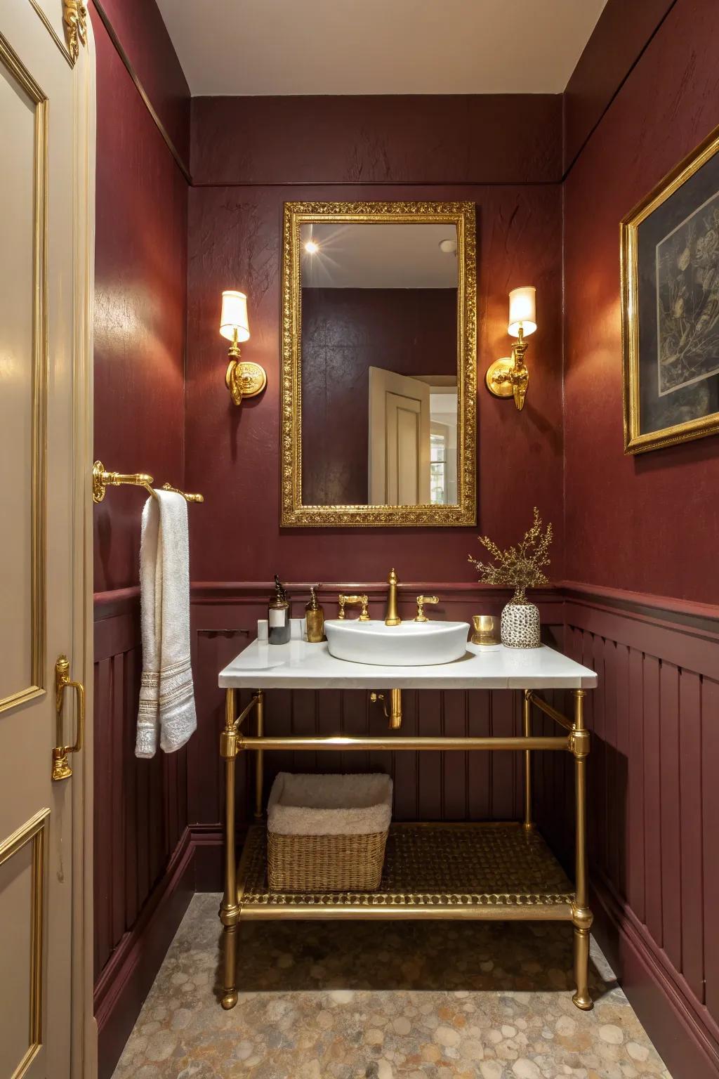 Metallic fixtures elevate the elegance of a maroon bathroom.