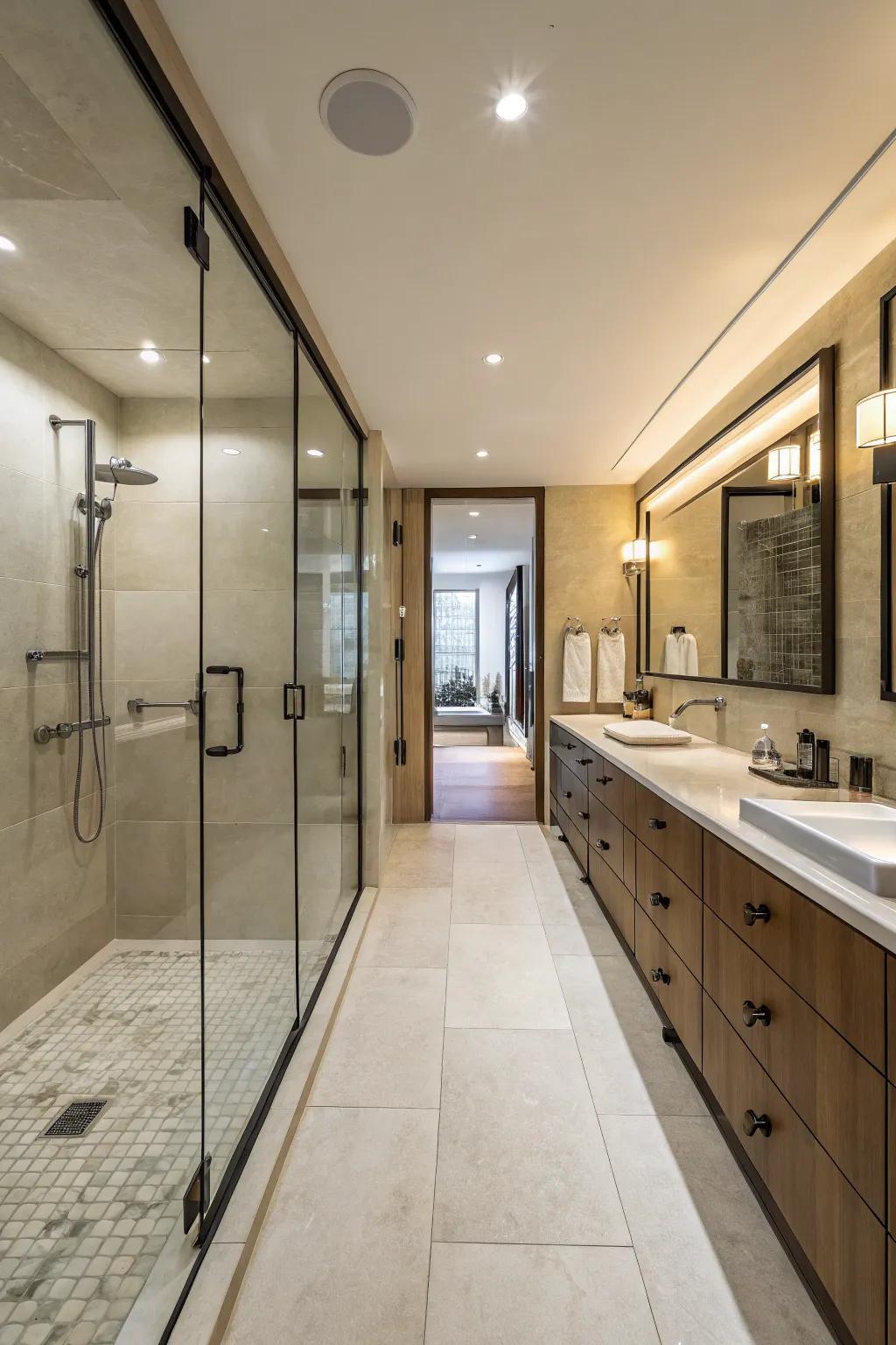 A walk-in shower enhances style and accessibility in a long bathroom.