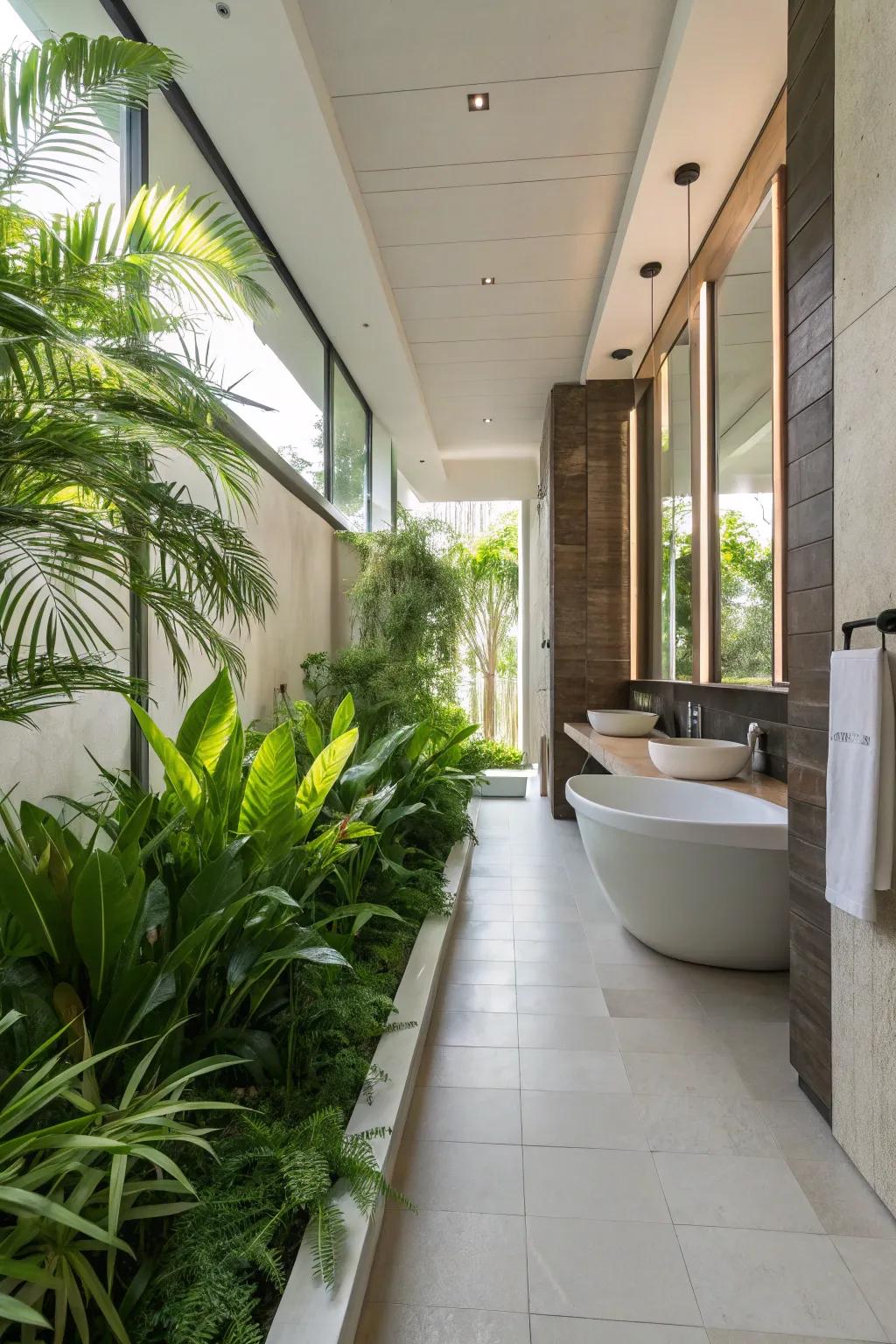 Greenery brings freshness and vibrancy to a long bathroom.