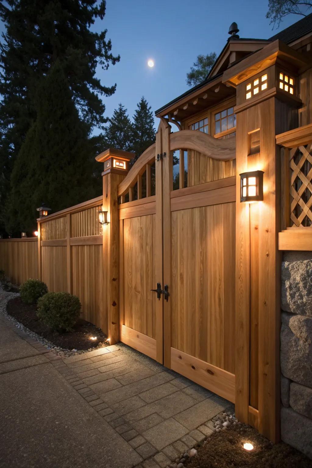 Illuminated Elegance: Experience the magic of a beautifully crafted cedar gate with built-in solar lighting.