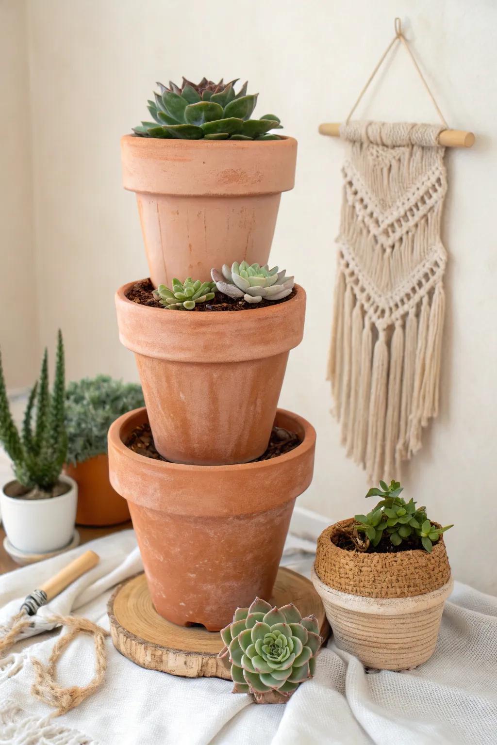 Elevate your garden space with tiered clay pot towersâwhere simplicity meets natural beauty. ð¿â¨