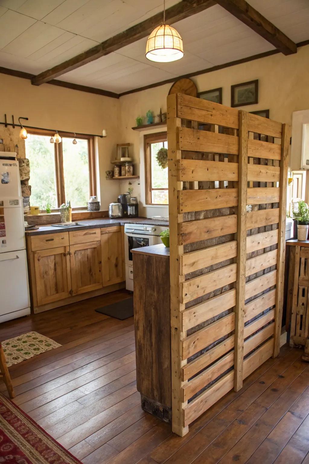 A wooden pallet divider bringing rustic charm.