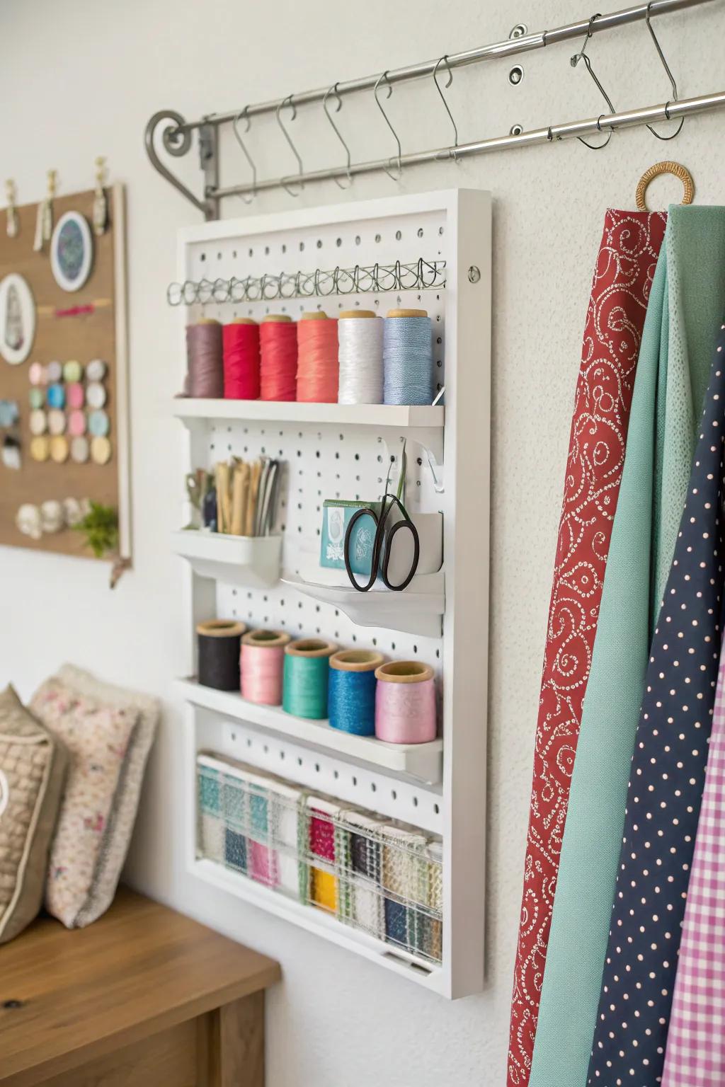 Wall-mounted storage maximizing vertical space in a sewing room.
