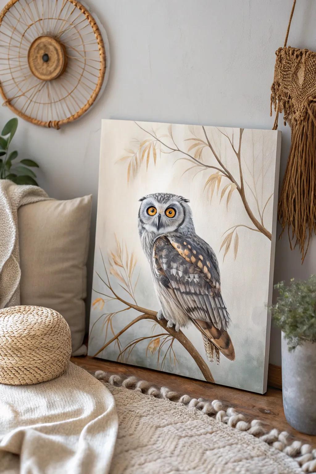 Discover the enchanting allure of mystical owls with this minimalist Boho-inspired painting.