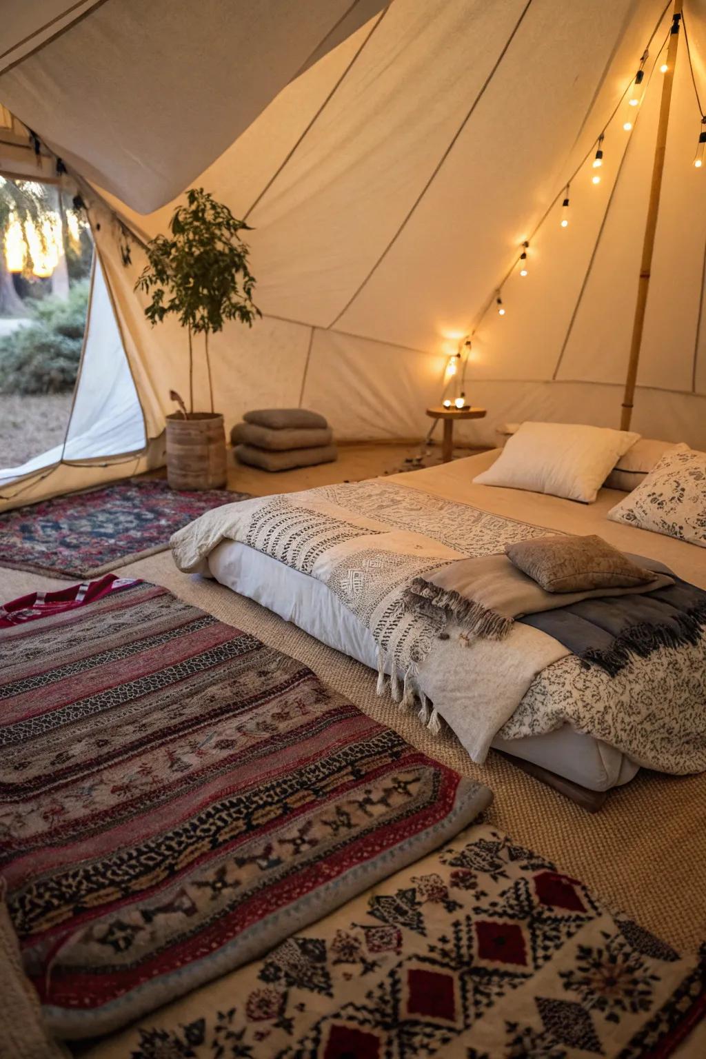 Layered rugs providing extra comfort and warmth in a stylish camping setup.
