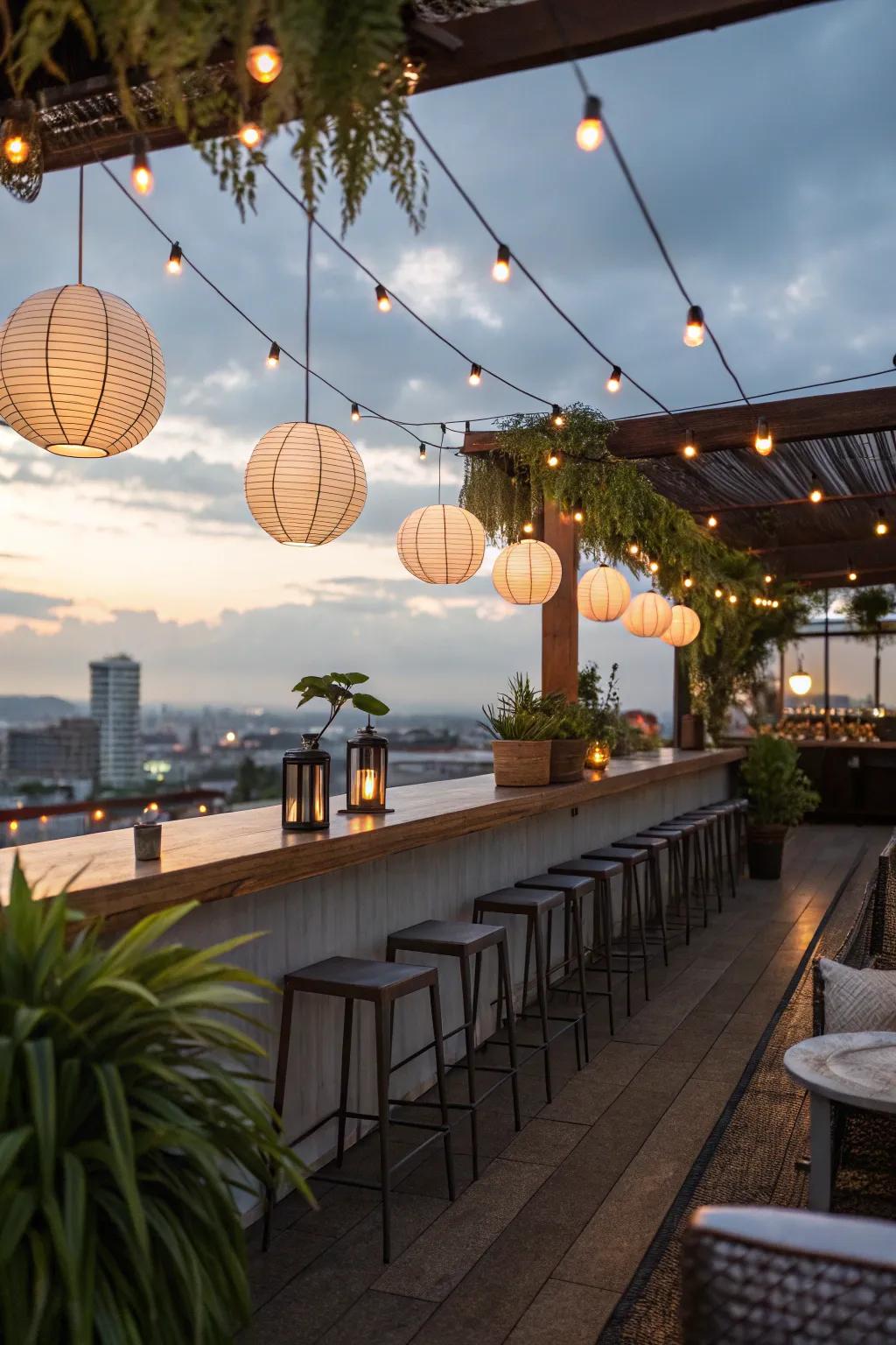 Ambient lighting sets the mood for your balcony bar.