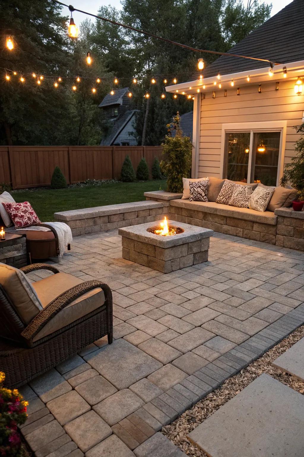 A cozy seating area created with pavers and a fire pit, perfect for evening relaxation.