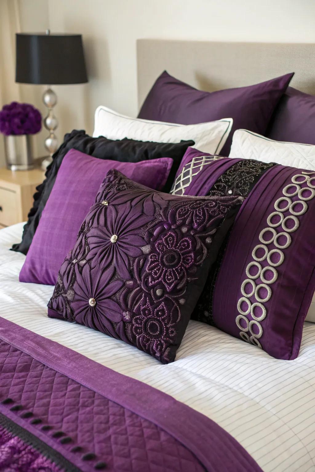 Decorative pillows add a touch of luxury and comfort to the bed.