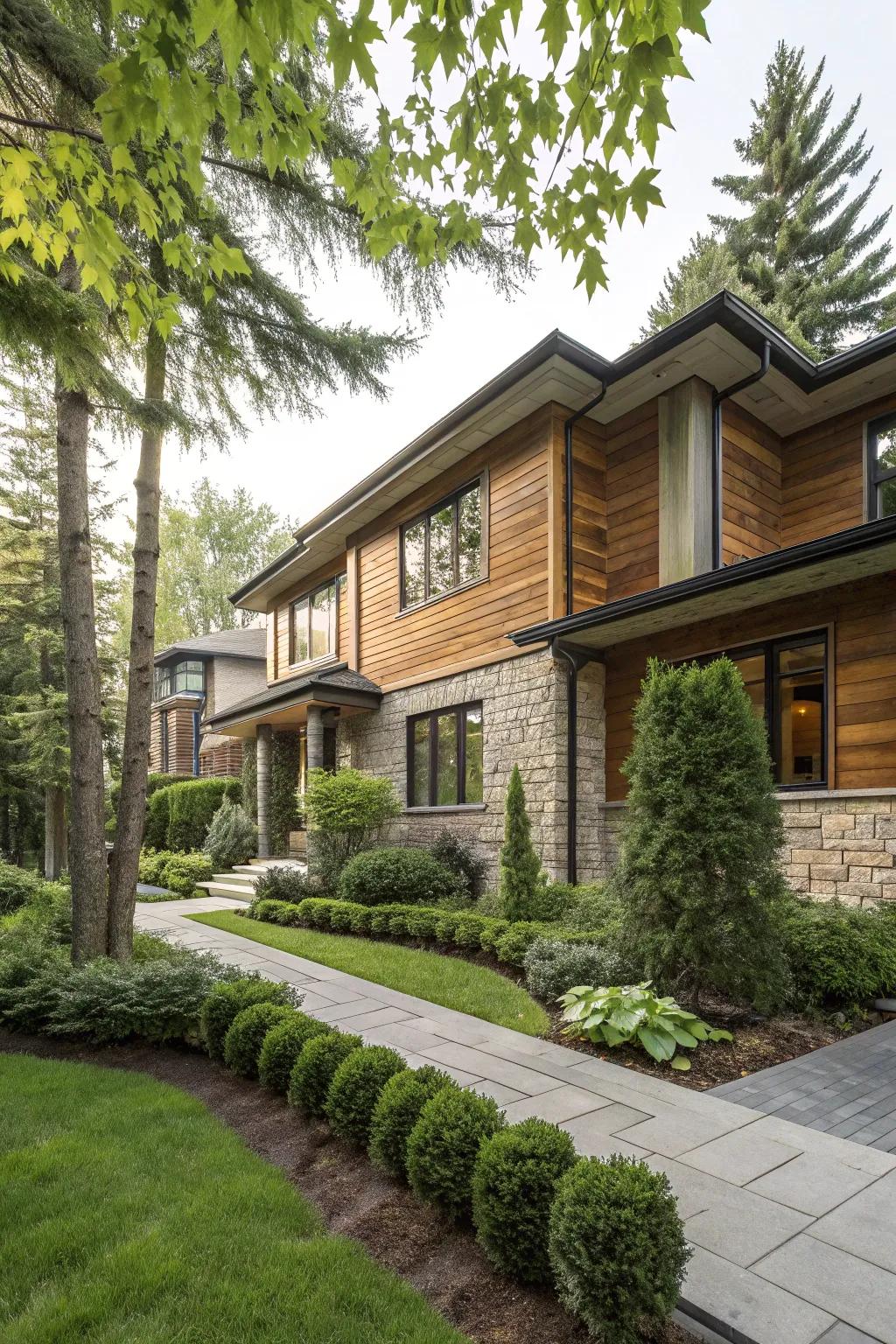 Wood and stone elements come together to create a unique and inviting duplex exterior.