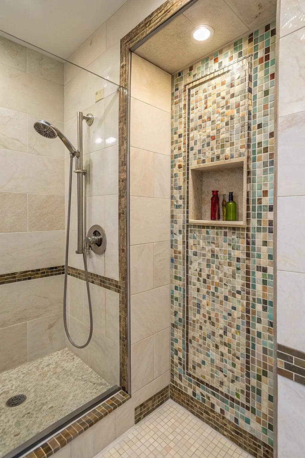 Shower niche with mosaic glass tile trims