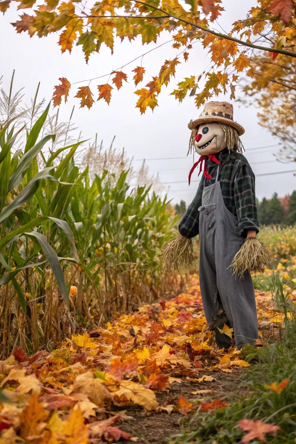 A mask adds an intriguing element to this scarecrow.