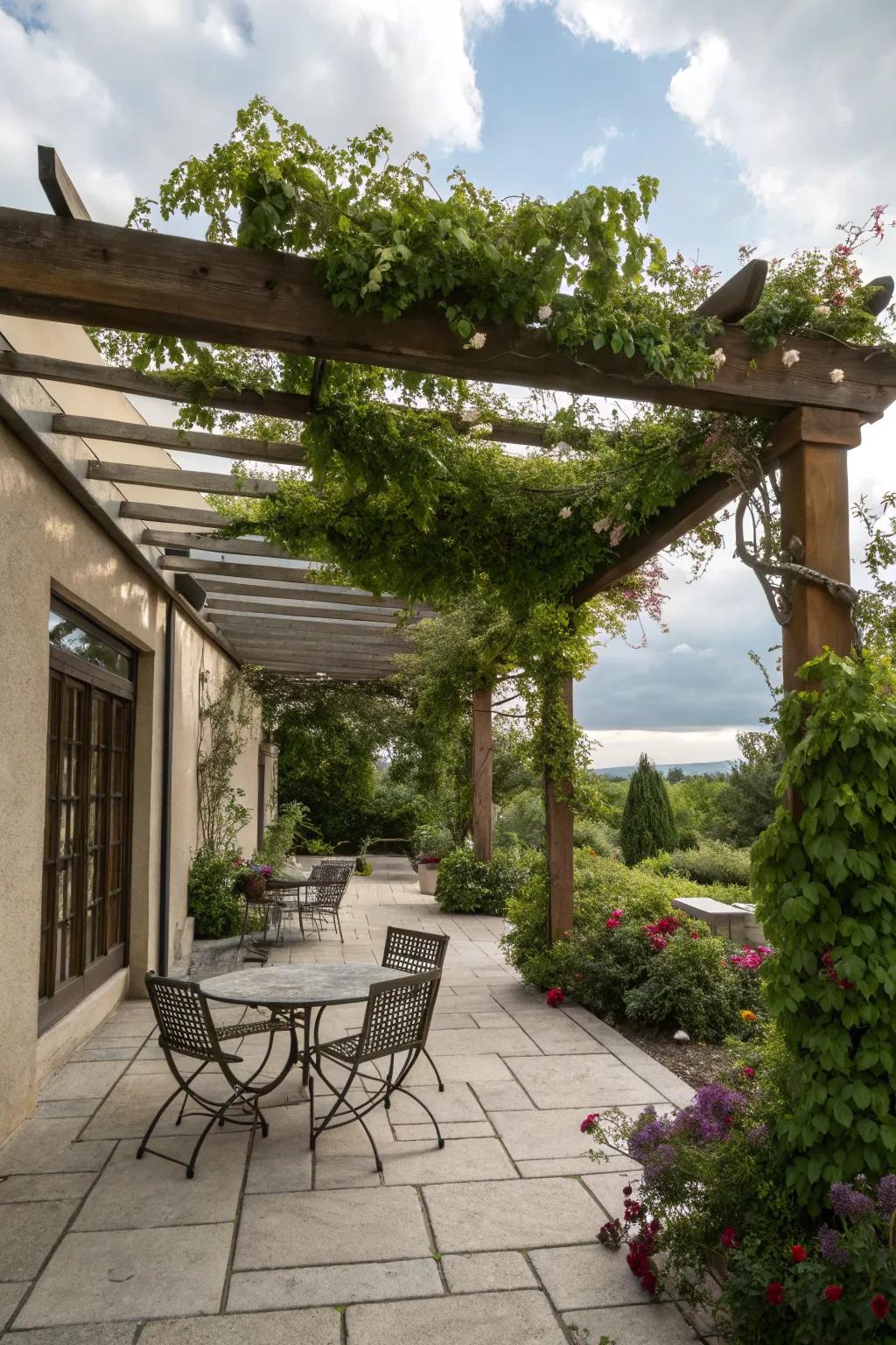 A pergola offers shade and elegance to this courtyard patio.