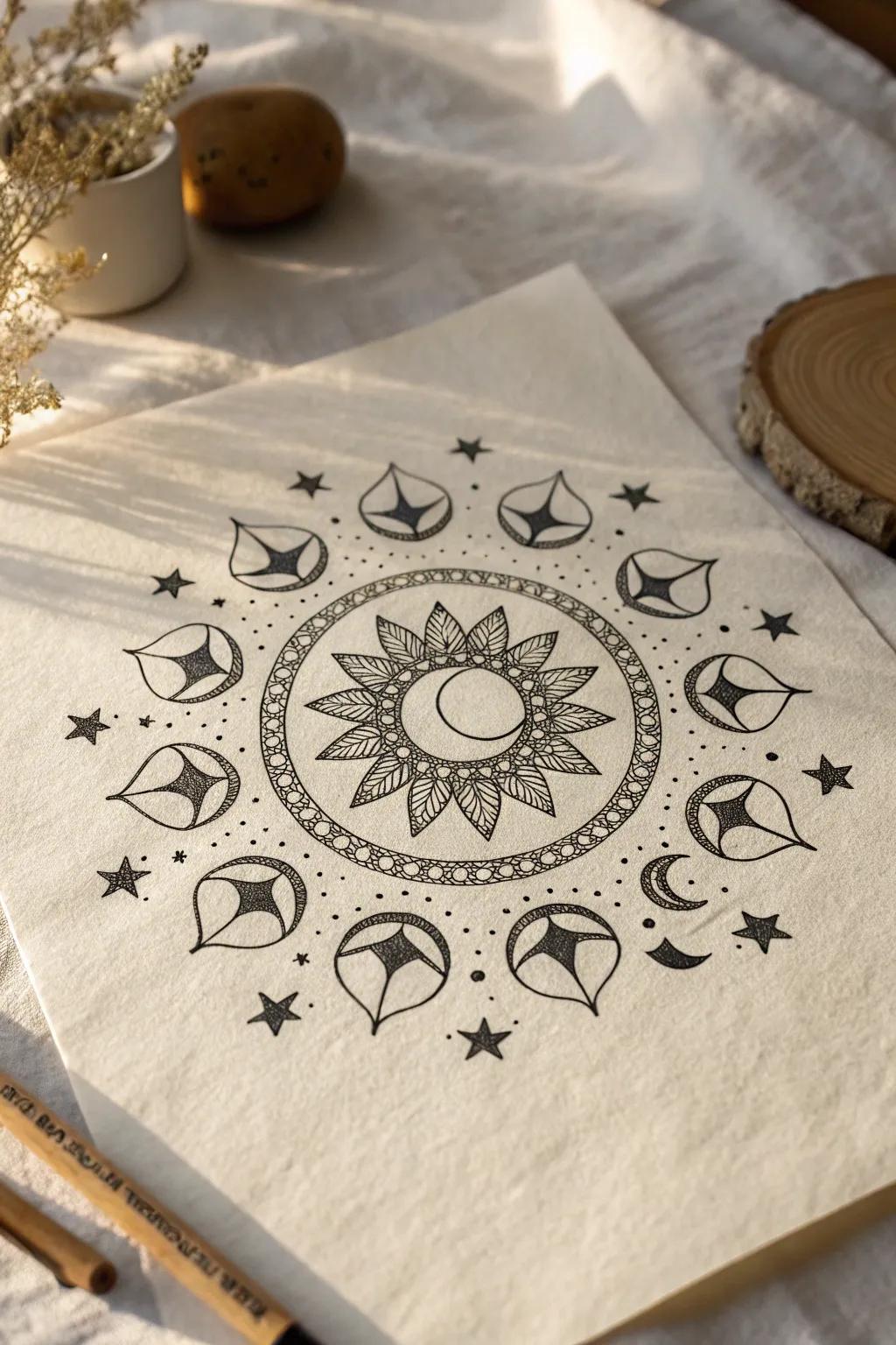 Embrace the tranquility of celestial mandalas, where stars and moons dance in harmonious simplicity.