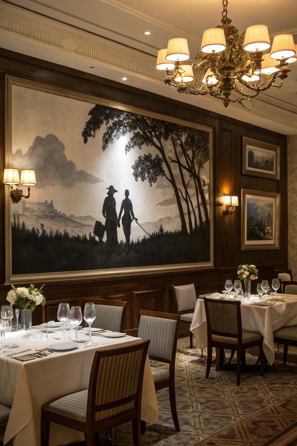 Mysterious silhouetted figures in a black and white painting.