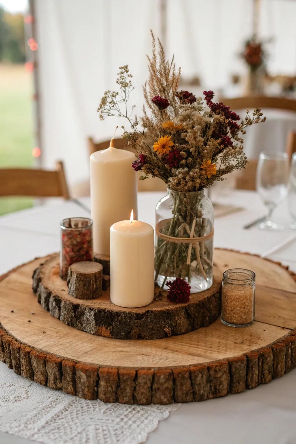 Embrace rustic elegance with DIY wood round centerpieces this fall. Perfect for adding warmth and charm to your wedding decor.