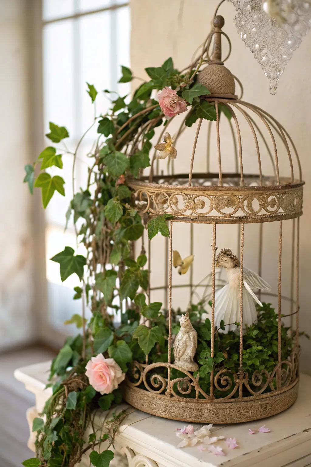 Transform a vintage birdcage into a whimsical fairy garden centerpiece, where nature meets enchantment.
