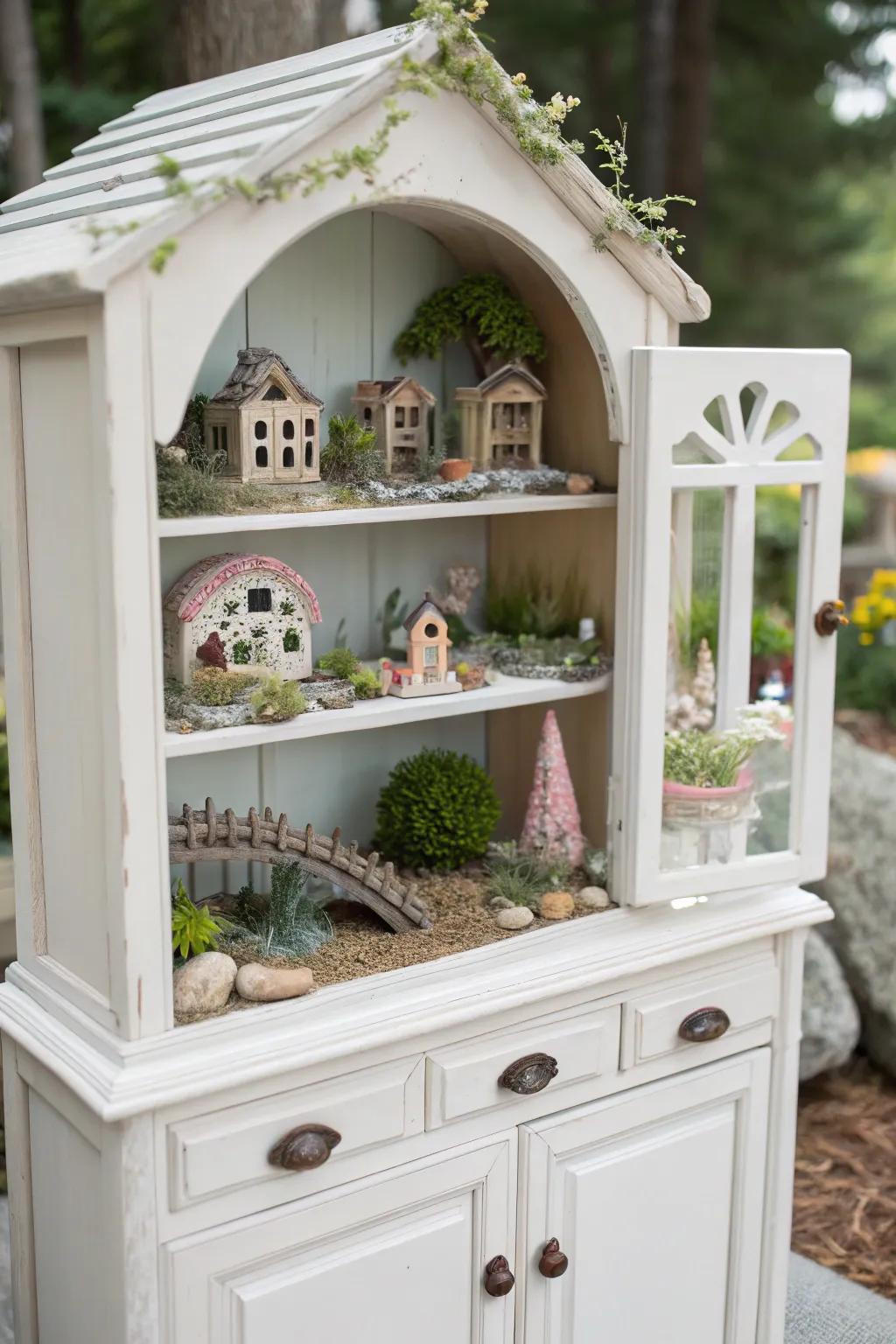 Transform your china cabinet into a whimsical fairy garden masterpiece, where every shelf tells a new enchanting story.