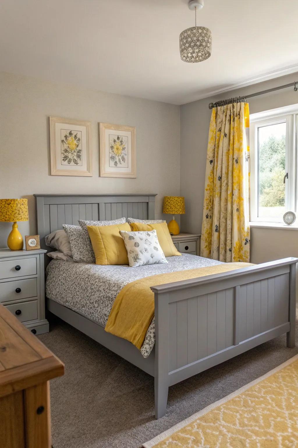 Grey furniture enhanced by vibrant yellow accents for a chic look.