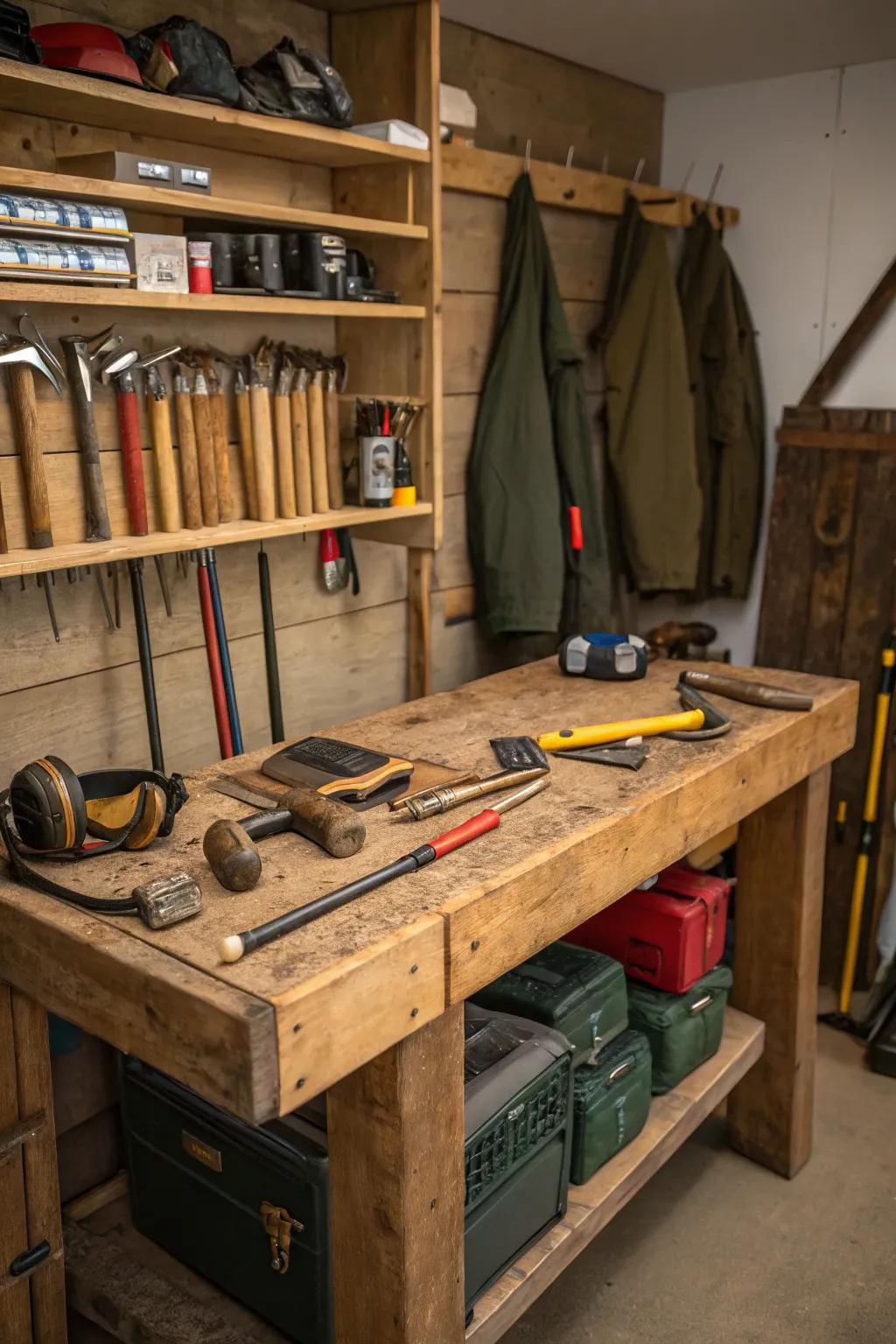 A workbench is perfect for projects and adds to the rustic charm.