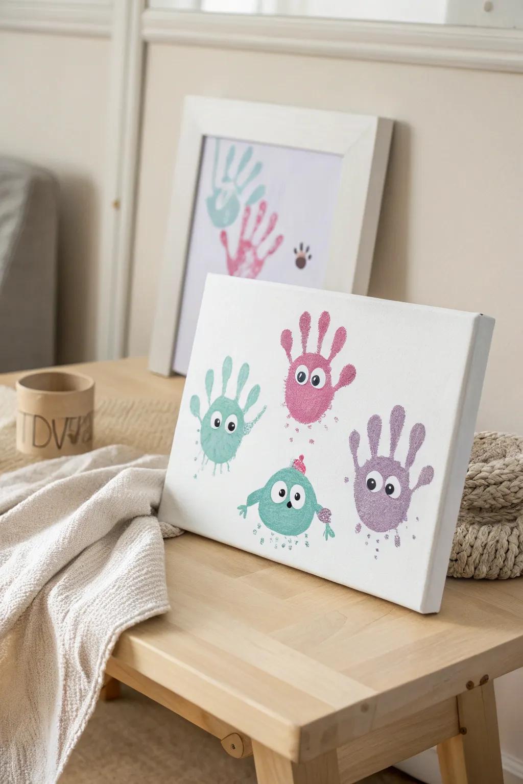 Craft adorable little monster art with your baby's handprints for a playful and memorable Halloween decoration.
