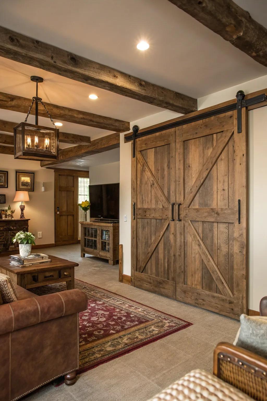 Barnwood brown barn doors emphasize rustic charm.