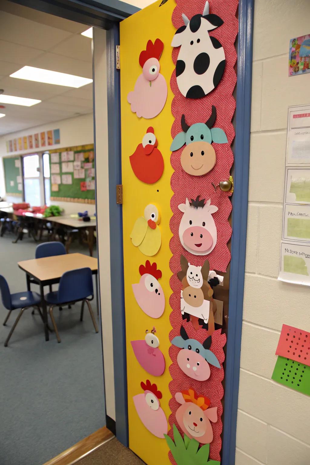 Adorable farm animals parade across the classroom door.