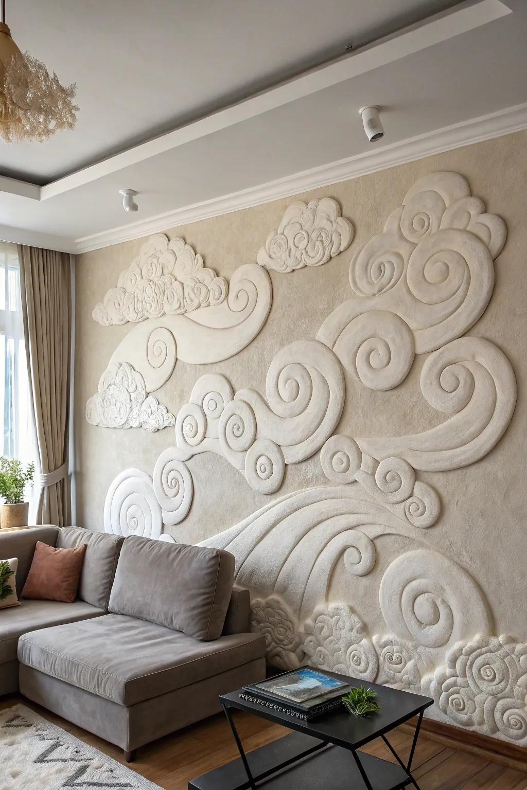 Transform your space with a dreamy clay cloudscape, where tranquility meets minimalist elegance.