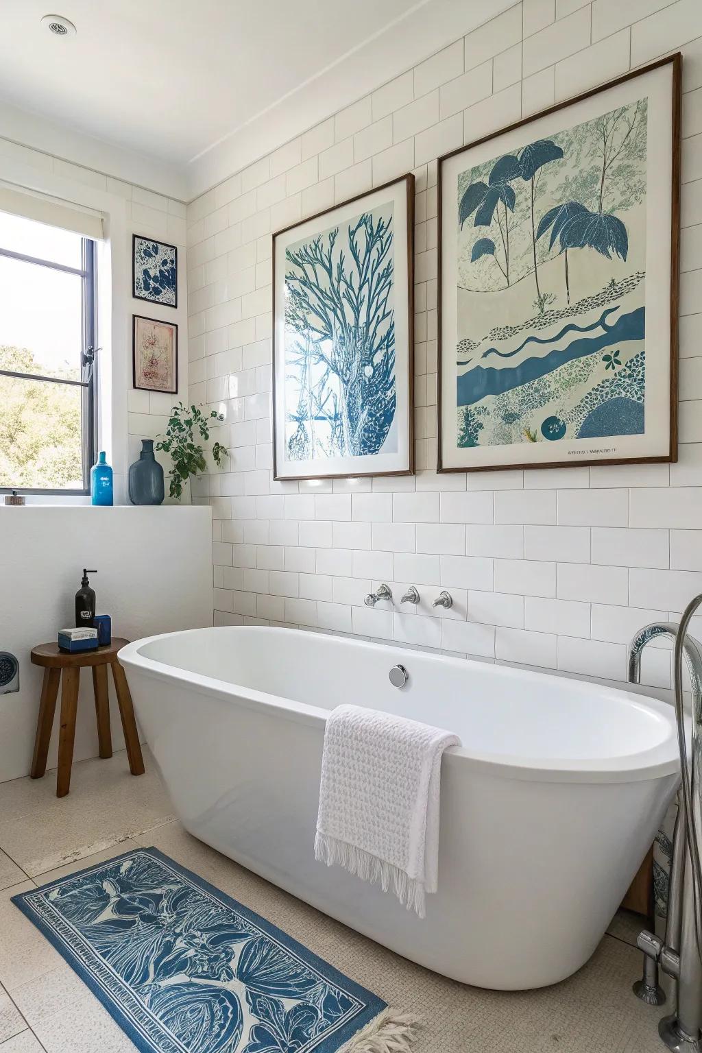 Blue artwork serves as a focal point in the bathroom.
