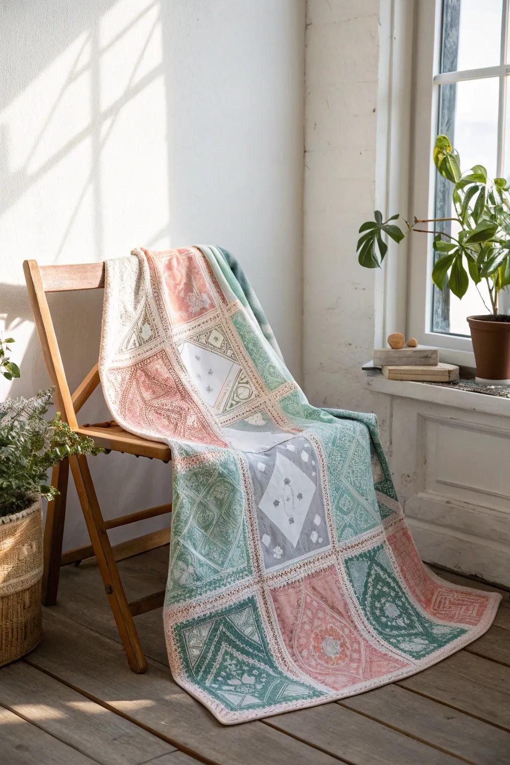 Transform your space with a touch of artisanal elegance: a stunning bandana quilt that captures the essence of minimalist beauty.