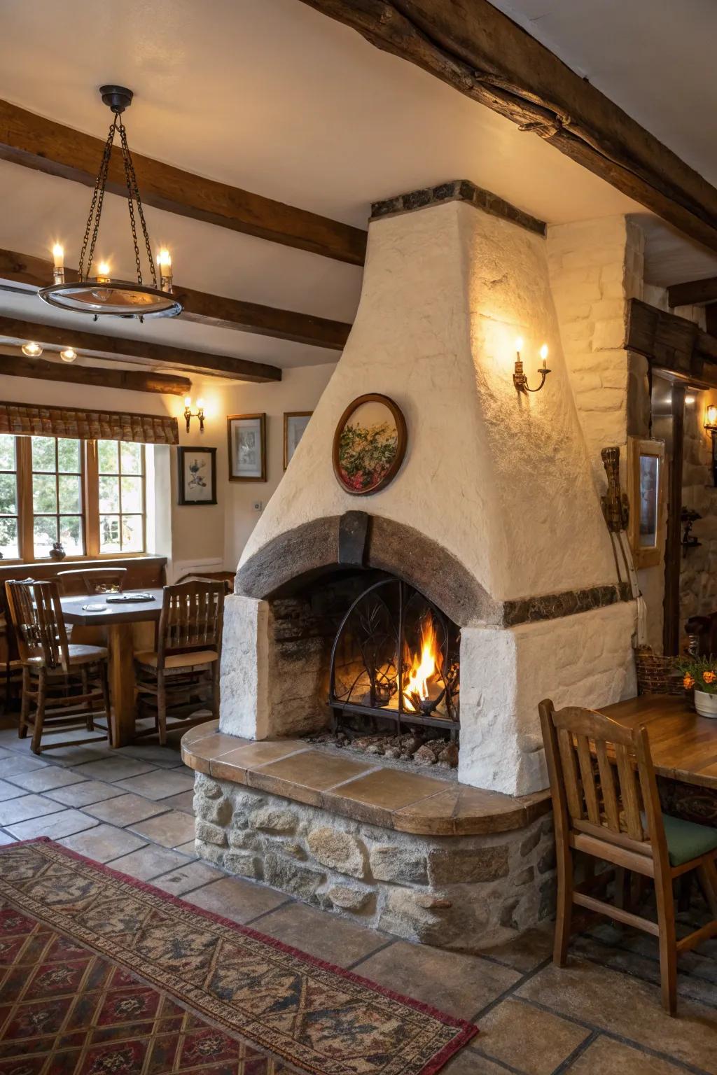 A unique fireplace shape adds visual interest to the cottage interior.
