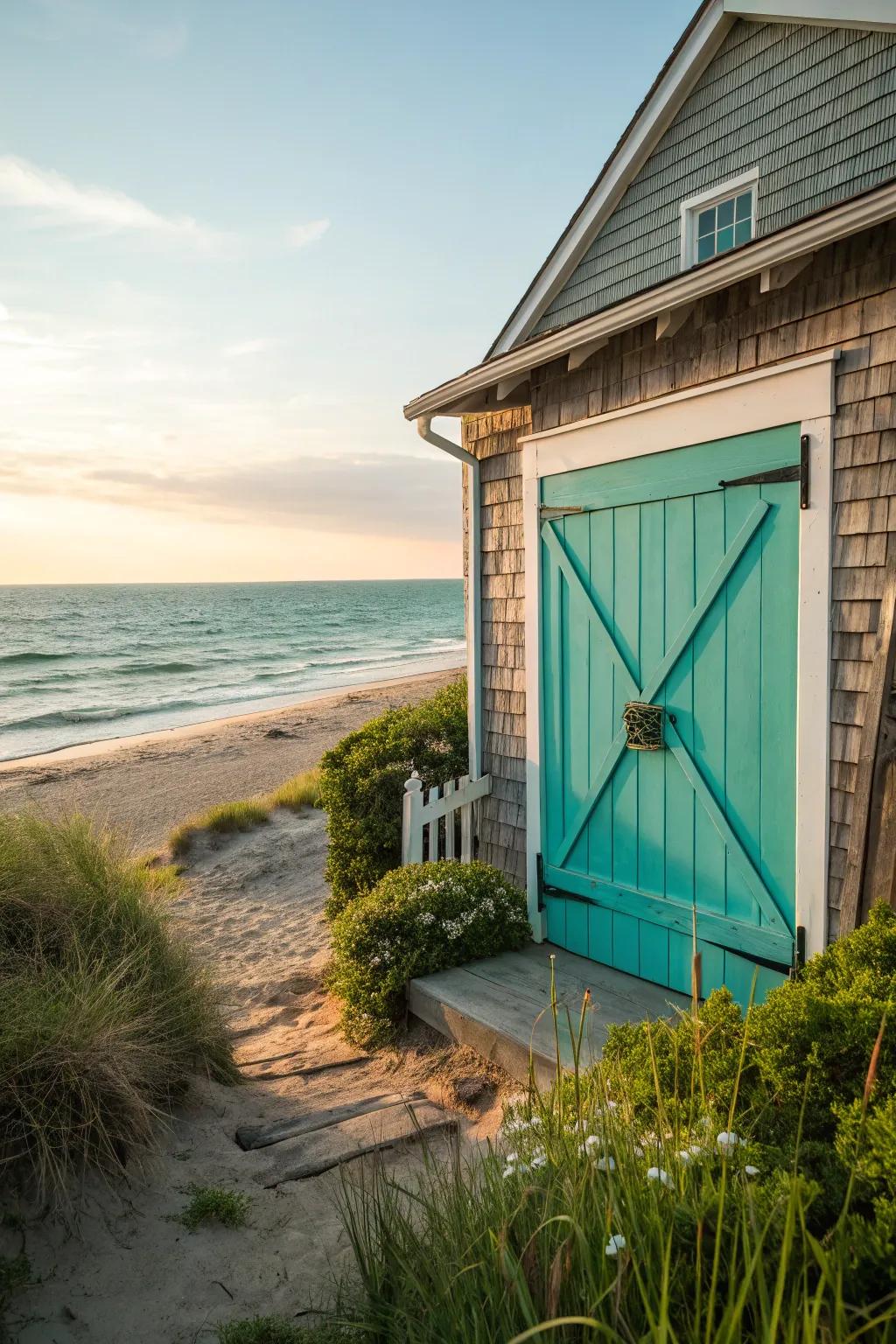 Turquoise barn doors offer a coastal and refreshing vibe.