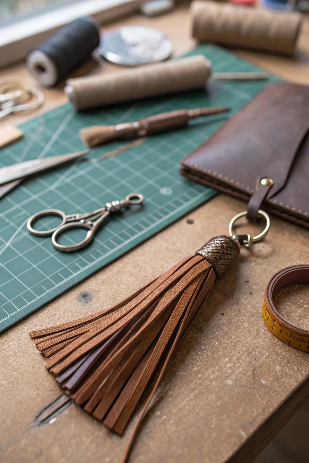 Rustic elegance with a handmade leather tassel keychain.